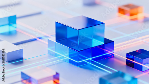 This 3D rendered tech background features translucent glass cubes connected by glowing neon light lines, creating a futuristic digital network scene.