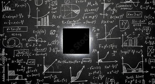 Minimalist black chalkboard texture completely filled with hand drawn layered mathematical equations complex physics formulas and scientific graph coordinate plots