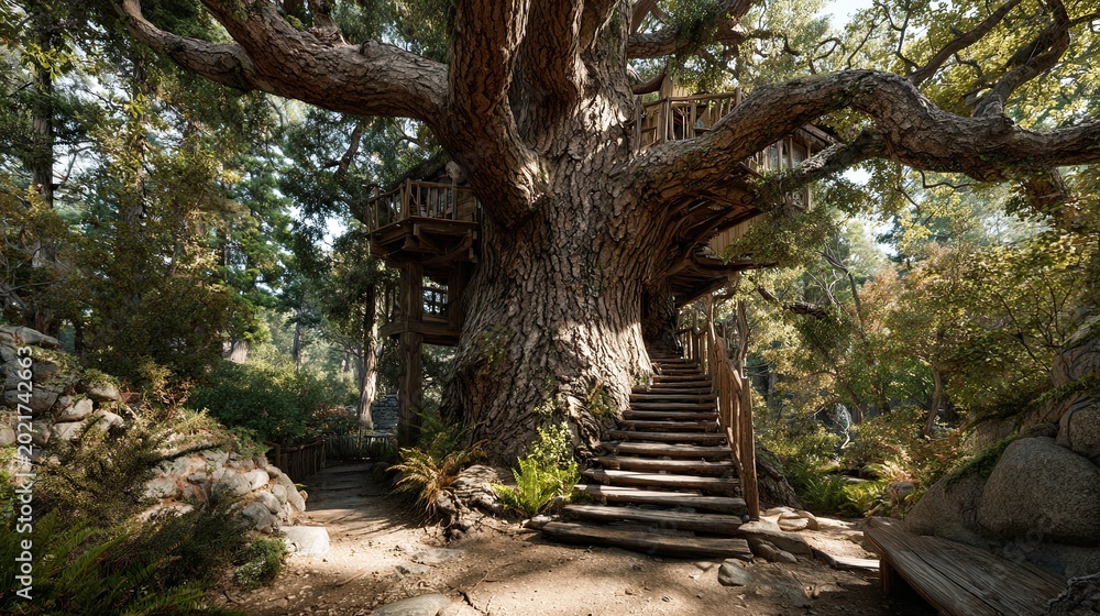 Fototapeta premium Monterey Pine - Massive Ancient Tree with Integrated Treehouse Background