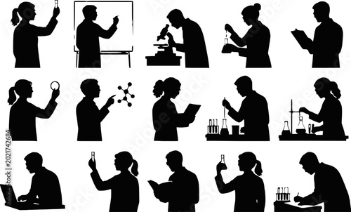 Scientist researcher laboratory silhouettes vector icon set isolated