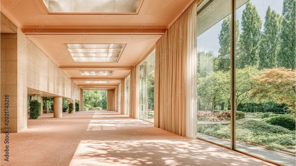 Fototapeta premium Modern architectural interior perspective with large windows and natural light