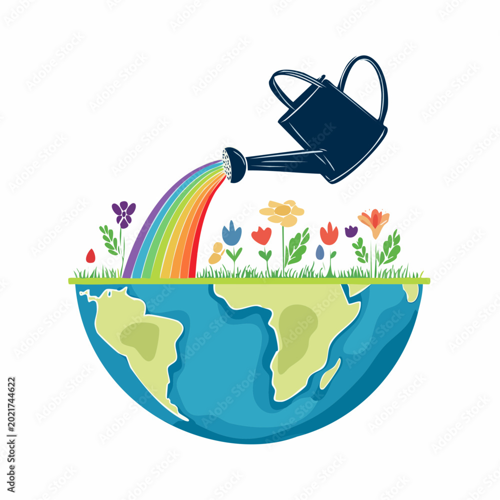 Fototapeta premium Watering Can Sprinkles Rainbow on Earth with Flowers