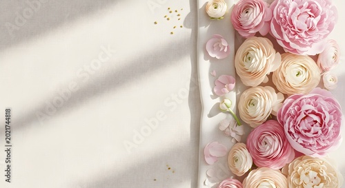 A dreamy spring flower background photo featuring cascading pastel ranunculus and blush pink peony blossoms arranged nicely on flat canvas