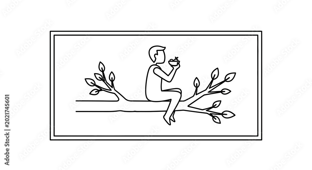 Fototapeta premium Man eating fruit from bowl sitting on tree branch, healthy lifestyle, nature, simple line drawing