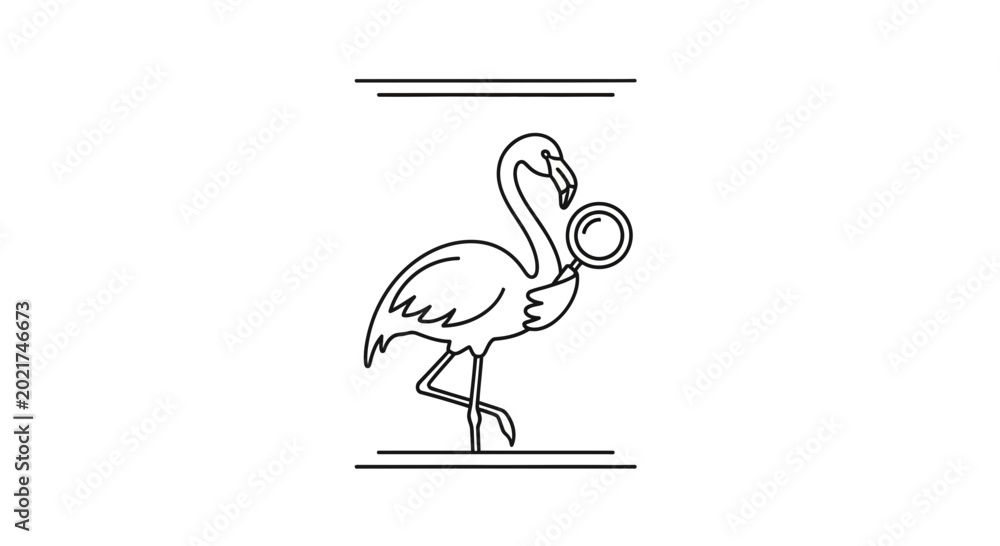 Fototapeta premium Flamingo Holding Magnifying Glass, Line Art Illustration