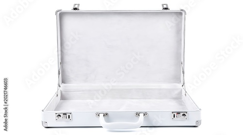 Open Empty White Briefcase Isolated on White Background, Business Concept.