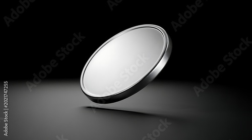 Shiny Silver Coin Floating in Dark Environment, Metallic Texture, Isolated Object.
