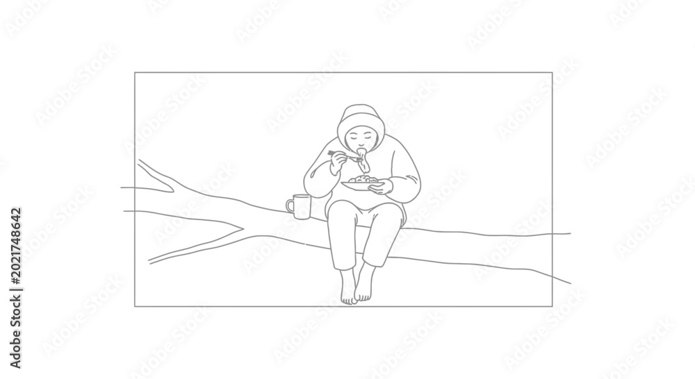 Fototapeta premium Cozy Person Eating Meal on Tree Branch, Winter Comfort, Outdoor Picnic