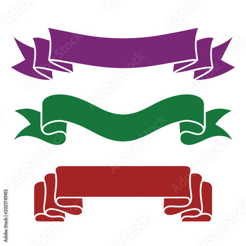 Three decorative ribbon banners in purple, green, and red with folded ends on a plain white background