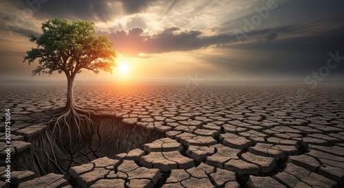 Lone tree stands tall in cracked dry earth under dramatic sunset sky with environment survival dramatic landscape resilience contrast barrenness