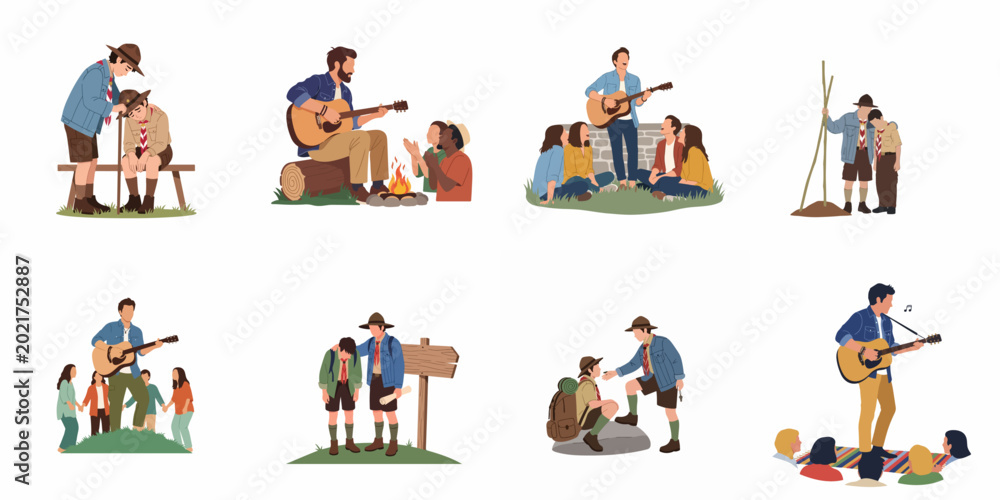 Fototapeta premium Collection of vector illustrations depicting boy scouts hiking, camping, and friends playing guitar, symbolizing teamwork, support, and outdoor friendship.