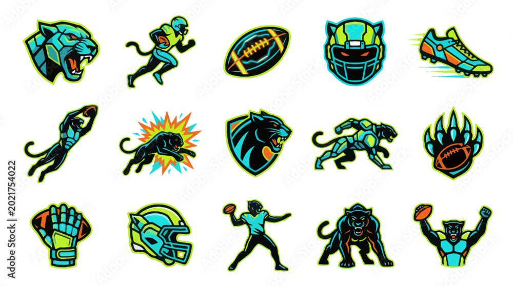 Fototapeta premium American Football Sport Mascot Logos, Player Characters, Helmet, Ball, and Cleat Flat Vector Illustration Set