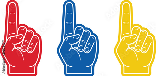 Sports Foam Finger Vector Set with Red, Blue, and Yellow Hand Fans for Team Spirit, Game Day Cheer, Fan Accessories, and Event Illustrations