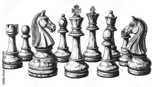 Chess Pieces Illustration with Knight King Queen on White Isolated Background