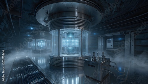 Futuristic quantum data storage vault located in a deep underground facility featuring glowing blue energy cores and advanced cryogenic cooling infrastructure systems