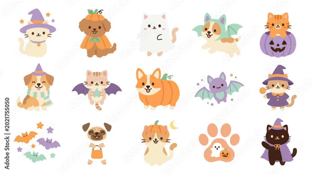 Fototapeta premium Cute Halloween Animals Vector Illustration Set with Cats, Dogs, Pumpkins, Witches, and Bats in Flat Style