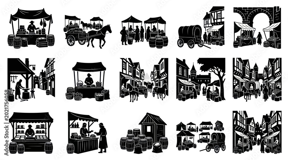 Obraz premium Black and White Silhouette Vector Set: Medieval Market Life, Historical Trade and Old Town Scenes
