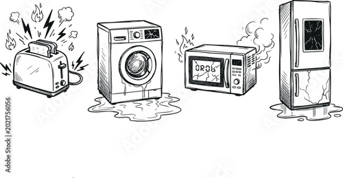 Bild auf Leinwand Broken household appliances sketch collection showing burning toaster leaking wa