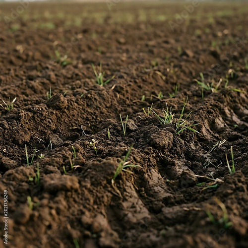 Young green sprouts emerging from freshly tilled dark soil field