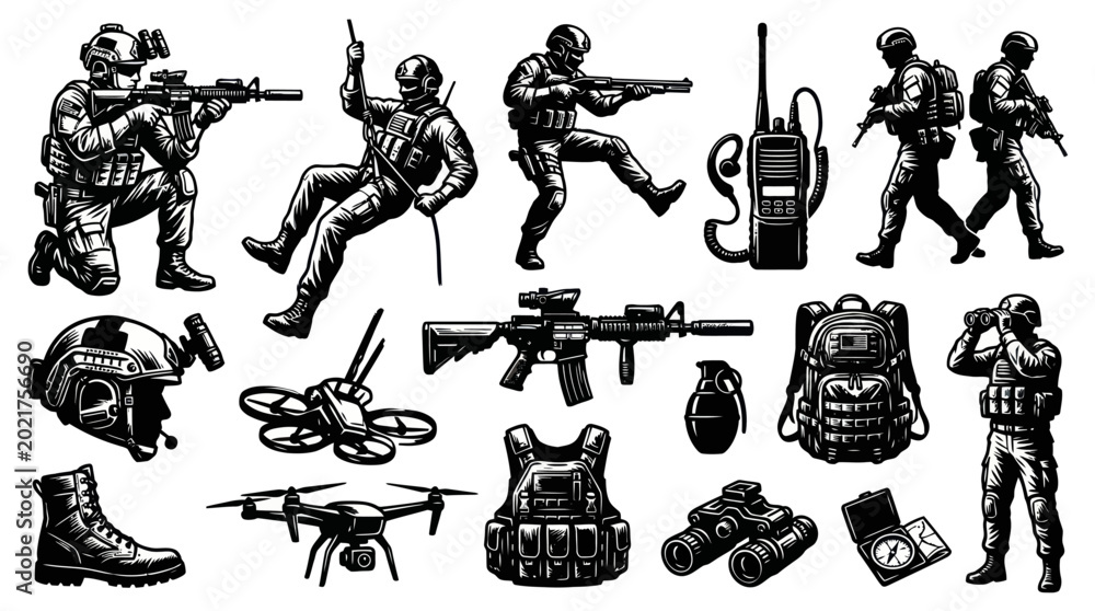 Obraz premium Military Soldier Gear Vector Icons - Soldier, Weapon, Drone, Backpack, Radio