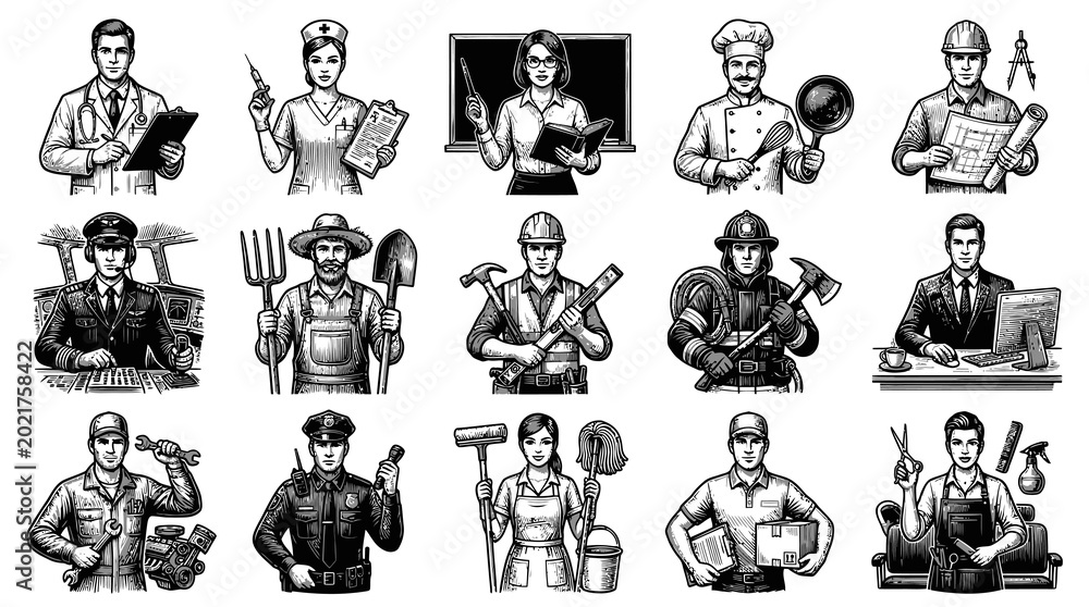 Obraz premium Black and White Vintage Line Art Collection of Diverse Professional People and Occupations