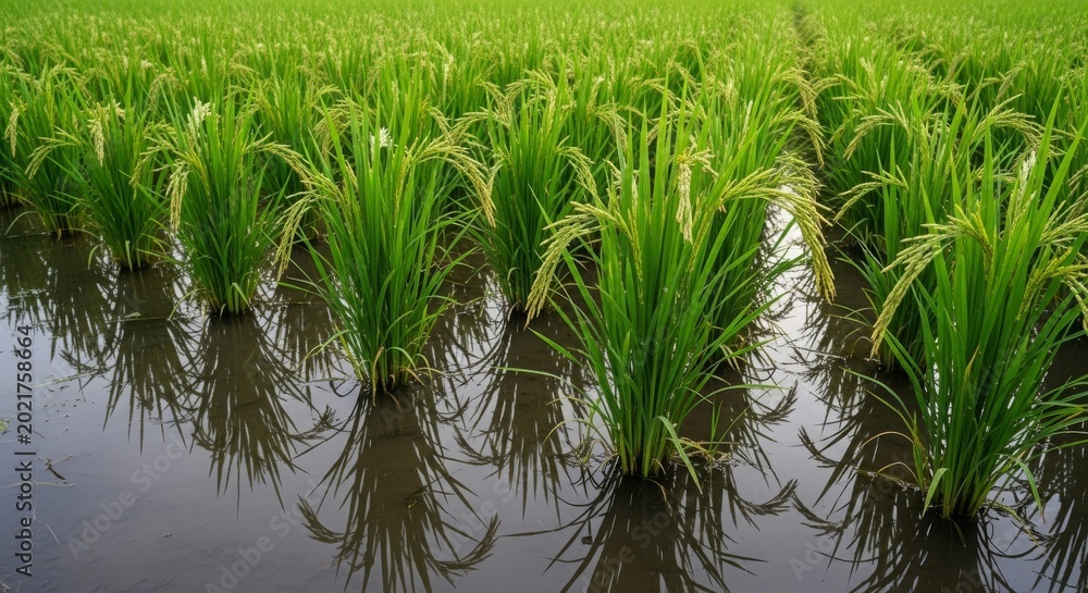 Fototapeta premium Lush green rice paddy field with reflections in water, showcasing agricultural abundance and natural growth