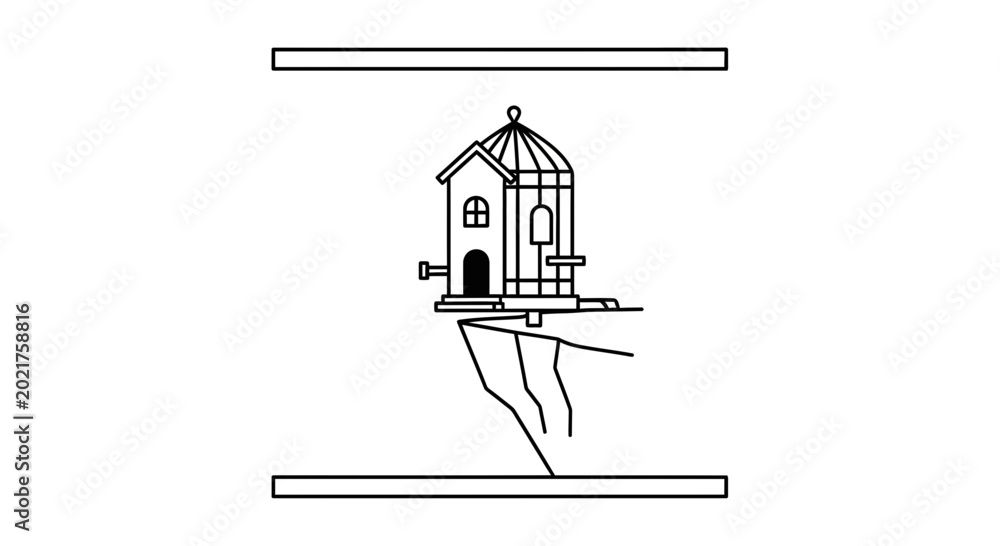 Fototapeta premium Birdhouse on cliff edge, precarious home, fragile shelter, risk, danger, security concept