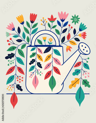 Charming Watering Can Planter Featuring Flowering Vines Hanging Down Pro Vector