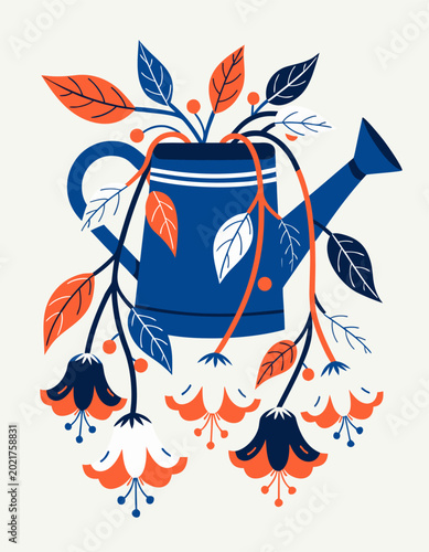 Charming Watering Can Planter Featuring Flowering Vines Hanging Down Pro Vector