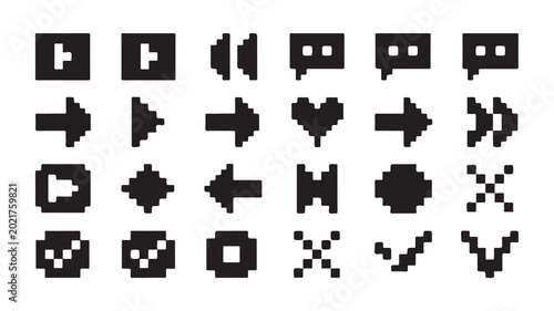 Pixel art icons set. retro game 8 bit ui elements. black and white user interface symbols.