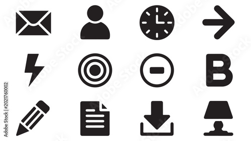 Konstfotografi Pixel art icons for email, user, clock, arrow, lightning, target, minus and letter B