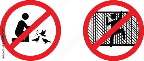 Konstfotografi Set of clear prohibition signs warning against feeding animals and climbing fenc