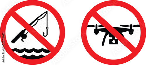 Φωτογραφία A set of illustrative signs prohibiting fishing and drone flying, detailing rule