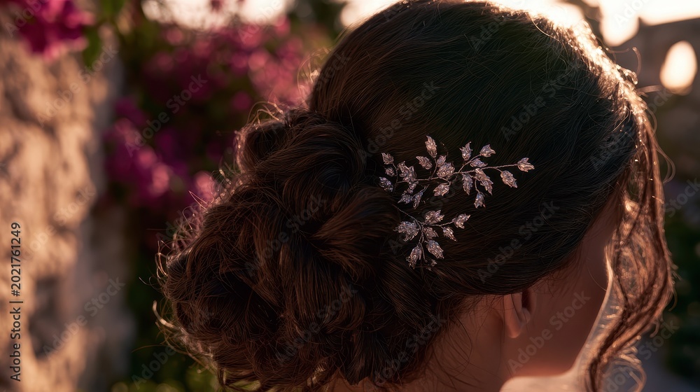 Naklejka premium Crystal leaf hair jewelry pinned into a textured bridal bun at sunset for boutique wedding services and professional hair stylist marketing