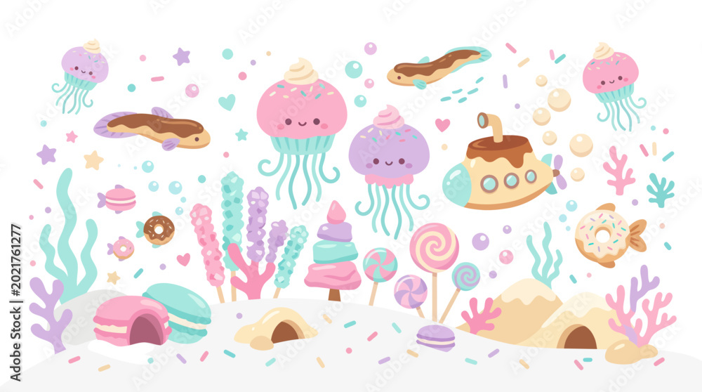 Fototapeta premium Cute Underwater Sweet Candy Jellyfish Submarine and Donut Vector Art