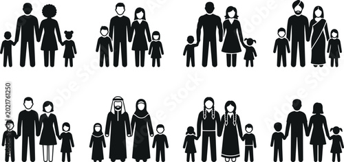 Diverse multicultural family silhouette icon set showing parents and children of different ethnicities cultures traditional clothing groups vector