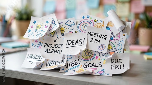 Colorful Sticky Note Board Overflowing with Project Ideas and Deadlines for a Team Meeting