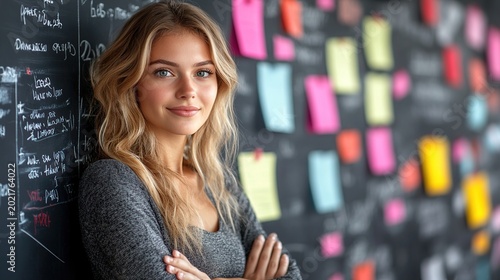 Confident young woman standing with arms crossed in front of a brightly colored sticky note wall for brainstorming