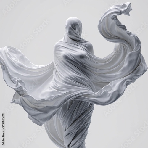 A white marble sculpture displays a dynamic female figure in motion.