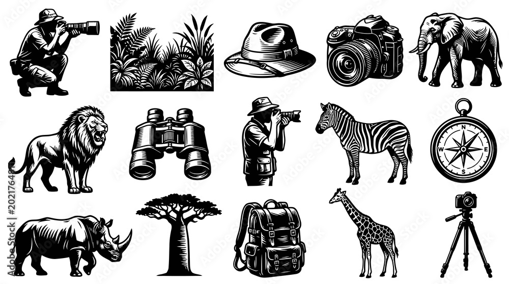 Obraz premium Safari Animals Gear Black and White Vector Icons - Wildlife Photography