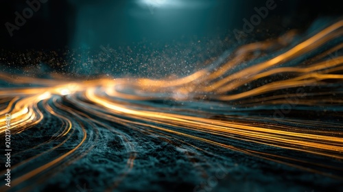 Golden light trails flowing across a dark textured landscape with sharp macro focus and bokeh for futuristic technology and automotive branding