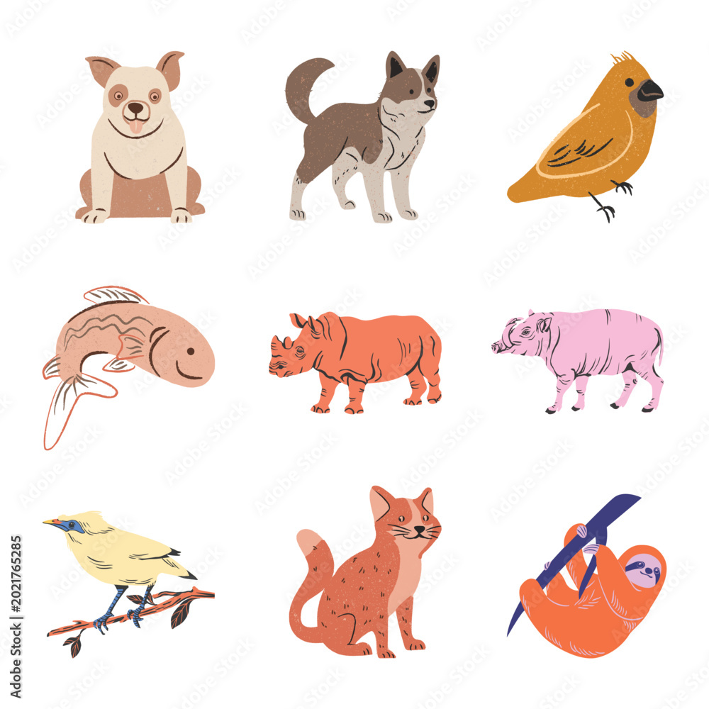 Obraz premium Set of diverse cute animals. Flat vector illustration of wild and domestic creatures including mammals, birds and fishes.