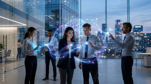 Conceptual image of AI and human collaboration, business professionals connected with glowing digital lines.