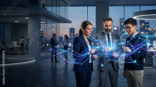 Conceptual image of AI and human collaboration, business professionals connected with glowing digital lines.