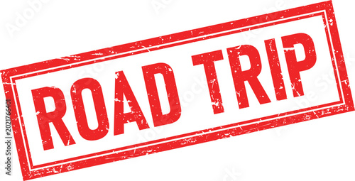 Distressed Road Trip Text in Red Rectangular Rubber Stamp Impression Isolated