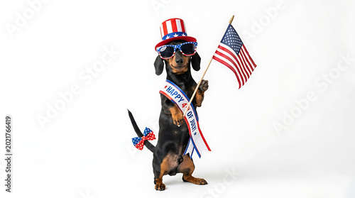Dachshund dog wearing patriotic hat sunglasses and sash holding american flag animal canine