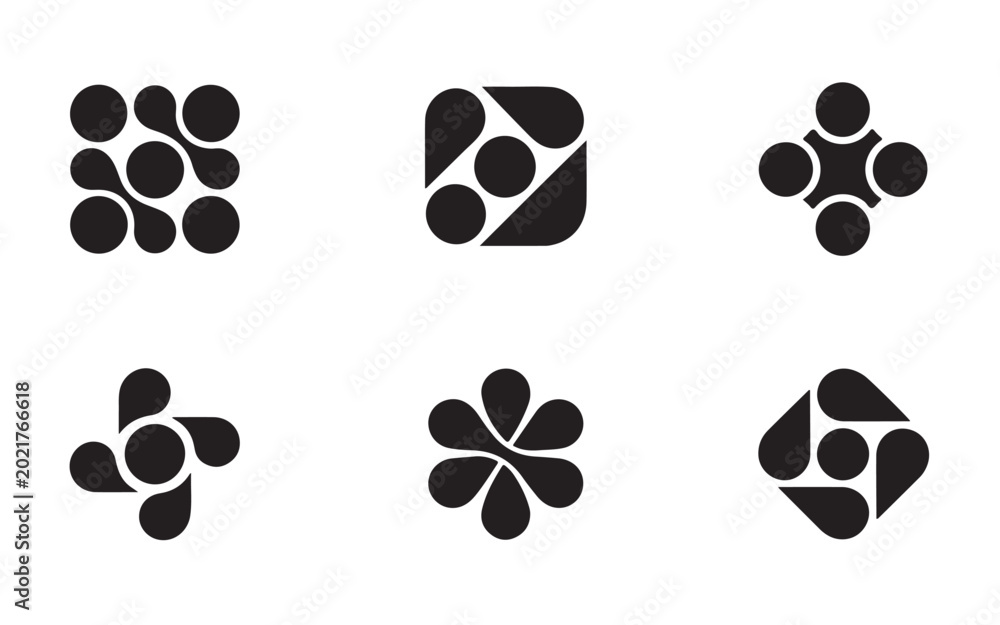 Fototapeta premium Set of six abstract black and white geometric symbols isolated on a plain clean white background.