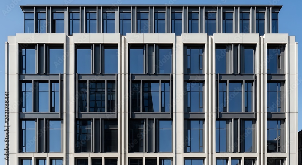 Obraz premium Modern office building facade with a grid pattern of stone and glass, featuring vertical metal fins and large windows under a clear blue sky in a contemporary architectural style