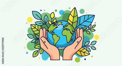 Tableau sur toile A colorful illustration of hands cradling the Earth surrounded by leaves