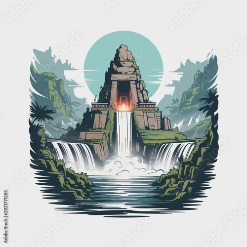 Schilderij op canvas Ancient Temple Waterfall Ruins Jungle Architecture.